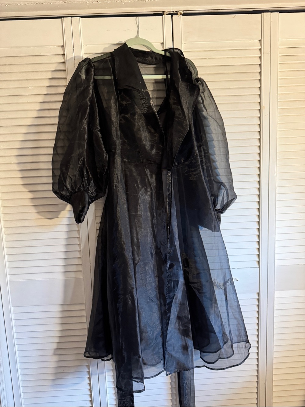 Sheer Black Organza Midi Dress with Puff Sleeves